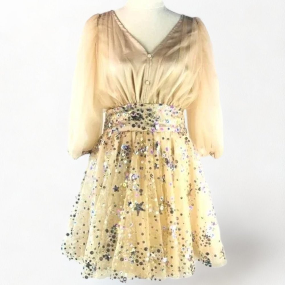 Beige Mini Dress Custom Made Puff Sleeve - NEW - Picture 1 of 9